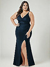 Alt View 2 Thumbnail - Midnight Navy Deep V-Neck Stretch Satin Mermaid Dress with Slight Train