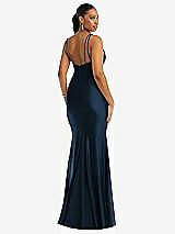 Rear View Thumbnail - Midnight Navy Deep V-Neck Stretch Satin Mermaid Dress with Slight Train