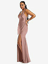 Side View Thumbnail - Neu Nude Deep V-Neck Stretch Satin Mermaid Dress with Slight Train