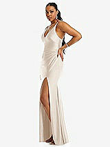 Side View Thumbnail - Oat Deep V-Neck Stretch Satin Mermaid Dress with Slight Train