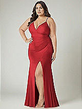 Alt View 1 Thumbnail - Poppy Red Deep V-Neck Stretch Satin Mermaid Dress with Slight Train