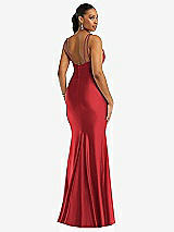 Rear View Thumbnail - Poppy Red Deep V-Neck Stretch Satin Mermaid Dress with Slight Train