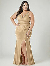 Alt View 2 Thumbnail - Soft Gold Deep V-Neck Stretch Satin Mermaid Dress with Slight Train