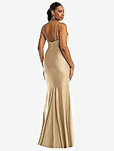 Rear View Thumbnail - Soft Gold Deep V-Neck Stretch Satin Mermaid Dress with Slight Train