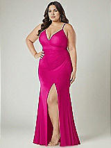 Alt View 1 Thumbnail - Think Pink Deep V-Neck Stretch Satin Mermaid Dress with Slight Train