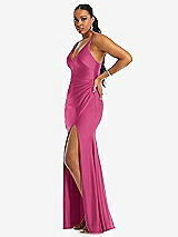 Side View Thumbnail - Tea Rose Deep V-Neck Stretch Satin Mermaid Dress with Slight Train