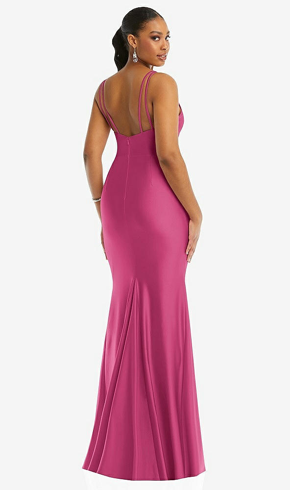 Back View - Tea Rose Deep V-Neck Stretch Satin Mermaid Dress with Slight Train