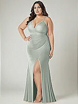 Alt View 1 Thumbnail - Willow Green Deep V-Neck Stretch Satin Mermaid Dress with Slight Train