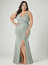 Alt View 2 Thumbnail - Willow Green Deep V-Neck Stretch Satin Mermaid Dress with Slight Train