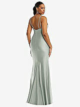 Rear View Thumbnail - Willow Green Deep V-Neck Stretch Satin Mermaid Dress with Slight Train