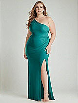 Alt View 1 Thumbnail - Peacock Teal One-Shoulder Asymmetrical Cowl Back Stretch Satin Mermaid Dress