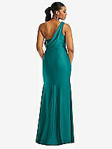 Rear View Thumbnail - Peacock Teal One-Shoulder Asymmetrical Cowl Back Stretch Satin Mermaid Dress