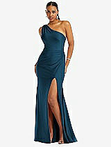 Front View Thumbnail - Atlantic Blue One-Shoulder Asymmetrical Cowl Back Stretch Satin Mermaid Dress