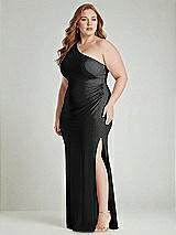 Alt View 2 Thumbnail - Black One-Shoulder Asymmetrical Cowl Back Stretch Satin Mermaid Dress