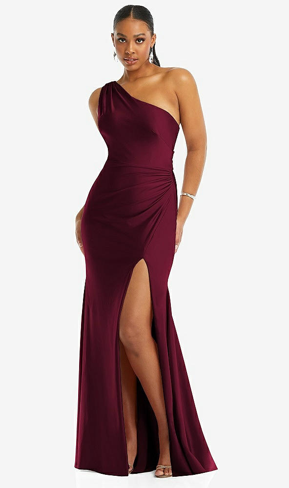 Front View - Cabernet One-Shoulder Asymmetrical Cowl Back Stretch Satin Mermaid Dress