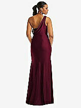 Rear View Thumbnail - Cabernet One-Shoulder Asymmetrical Cowl Back Stretch Satin Mermaid Dress