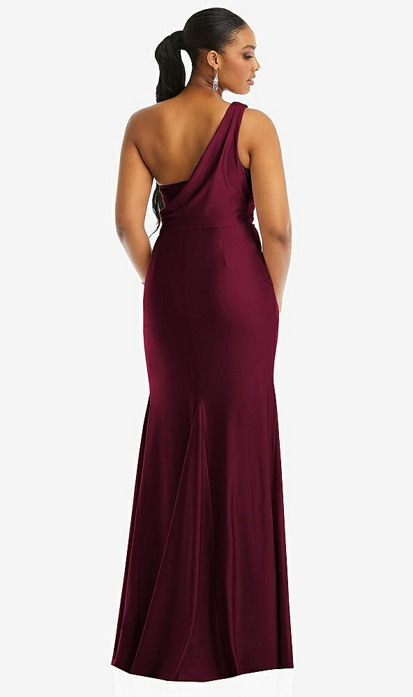 Back View - Cabernet One-Shoulder Asymmetrical Cowl Back Stretch Satin Mermaid Dress