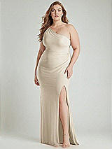 Alt View 1 Thumbnail - Champagne One-Shoulder Asymmetrical Cowl Back Stretch Satin Mermaid Dress