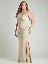 Alt View 2 Thumbnail - Champagne One-Shoulder Asymmetrical Cowl Back Stretch Satin Mermaid Dress