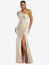 Front View Thumbnail - Champagne One-Shoulder Asymmetrical Cowl Back Stretch Satin Mermaid Dress