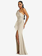 Side View Thumbnail - Champagne One-Shoulder Asymmetrical Cowl Back Stretch Satin Mermaid Dress