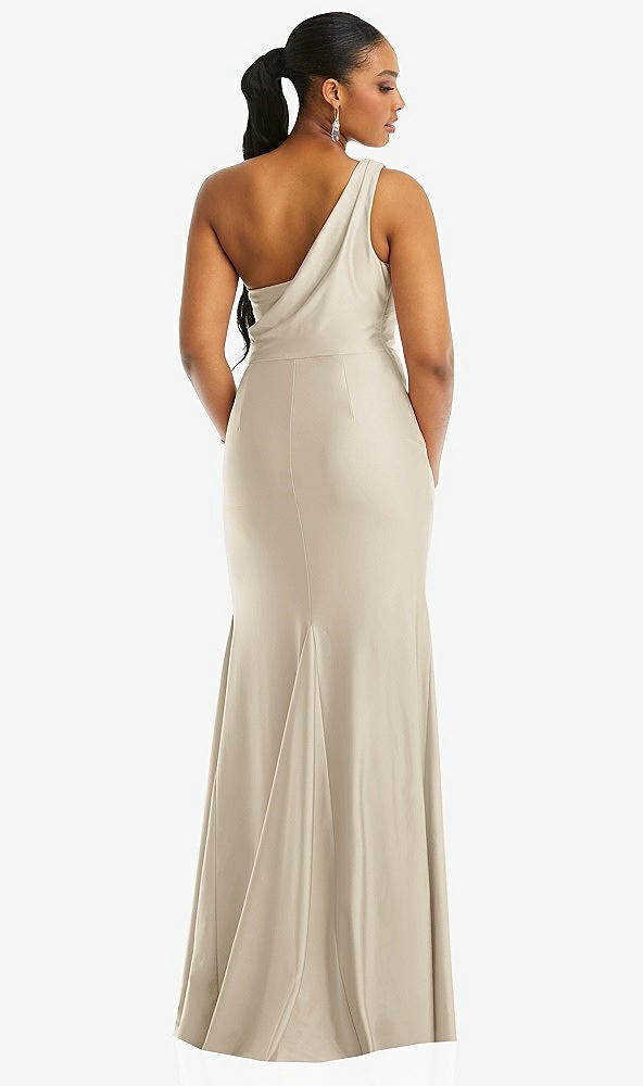 Back View - Champagne One-Shoulder Asymmetrical Cowl Back Stretch Satin Mermaid Dress