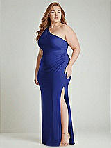 Alt View 2 Thumbnail - Cobalt Blue One-Shoulder Asymmetrical Cowl Back Stretch Satin Mermaid Dress