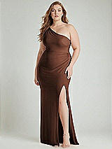 Alt View 1 Thumbnail - Cognac One-Shoulder Asymmetrical Cowl Back Stretch Satin Mermaid Dress