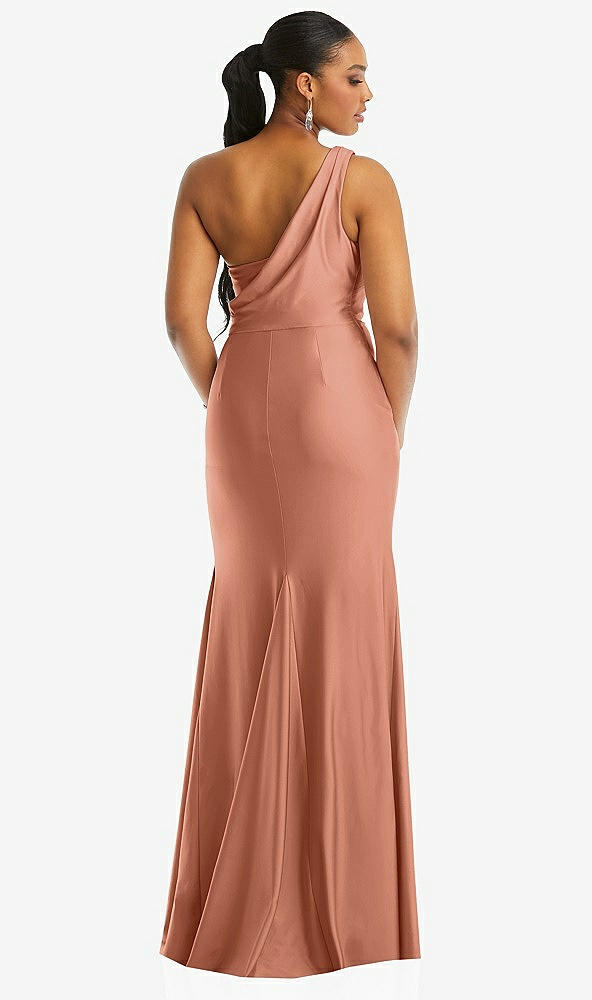 Back View - Copper Penny One-Shoulder Asymmetrical Cowl Back Stretch Satin Mermaid Dress