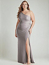 Alt View 1 Thumbnail - Cashmere Gray One-Shoulder Asymmetrical Cowl Back Stretch Satin Mermaid Dress