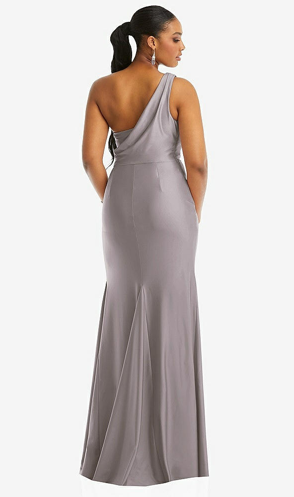 Back View - Cashmere Gray One-Shoulder Asymmetrical Cowl Back Stretch Satin Mermaid Dress