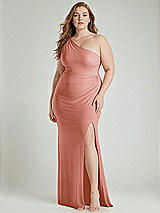 Alt View 1 Thumbnail - Desert Rose One-Shoulder Asymmetrical Cowl Back Stretch Satin Mermaid Dress