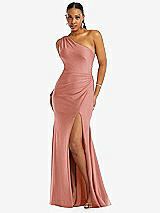 Front View Thumbnail - Desert Rose One-Shoulder Asymmetrical Cowl Back Stretch Satin Mermaid Dress