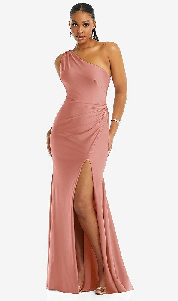 Front View - Desert Rose One-Shoulder Asymmetrical Cowl Back Stretch Satin Mermaid Dress