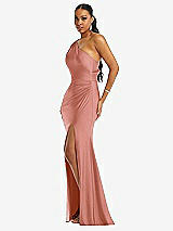 Side View Thumbnail - Desert Rose One-Shoulder Asymmetrical Cowl Back Stretch Satin Mermaid Dress