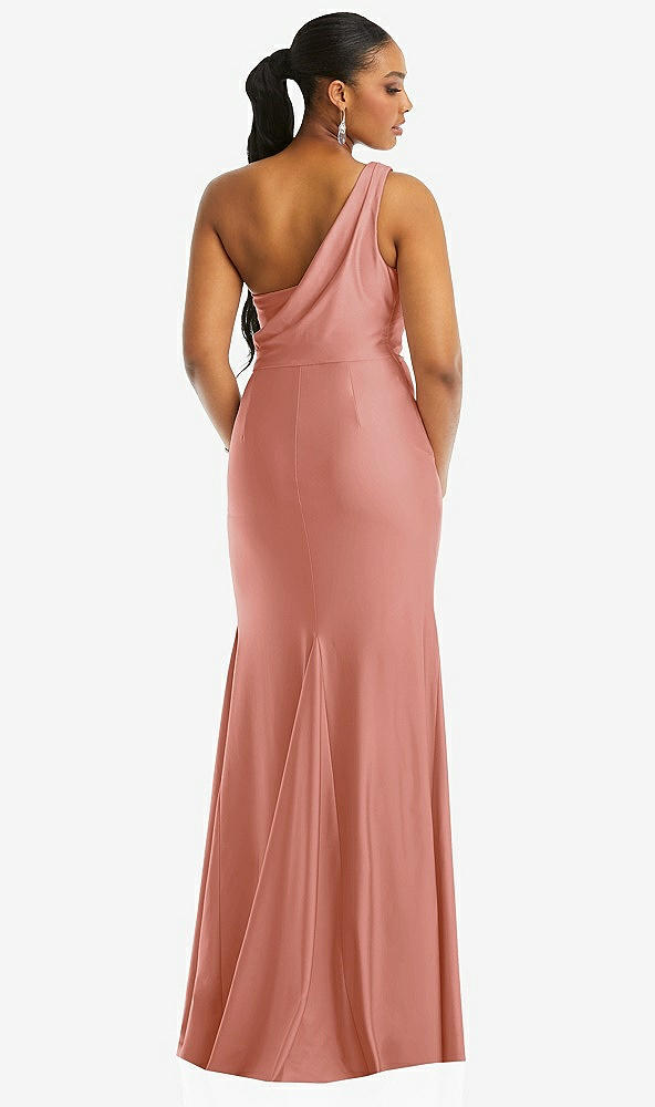 Back View - Desert Rose One-Shoulder Asymmetrical Cowl Back Stretch Satin Mermaid Dress