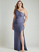 Alt View 1 Thumbnail - French Blue One-Shoulder Asymmetrical Cowl Back Stretch Satin Mermaid Dress