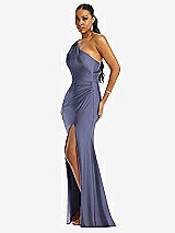 Side View Thumbnail - French Blue One-Shoulder Asymmetrical Cowl Back Stretch Satin Mermaid Dress