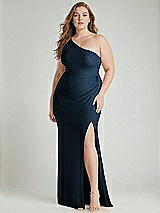 Alt View 1 Thumbnail - Midnight Navy One-Shoulder Asymmetrical Cowl Back Stretch Satin Mermaid Dress