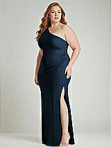 Alt View 2 Thumbnail - Midnight Navy One-Shoulder Asymmetrical Cowl Back Stretch Satin Mermaid Dress