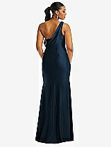 Rear View Thumbnail - Midnight Navy One-Shoulder Asymmetrical Cowl Back Stretch Satin Mermaid Dress