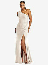 Front View Thumbnail - Oat One-Shoulder Asymmetrical Cowl Back Stretch Satin Mermaid Dress