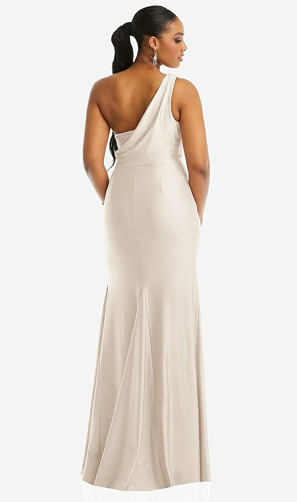 Back View - Oat One-Shoulder Asymmetrical Cowl Back Stretch Satin Mermaid Dress