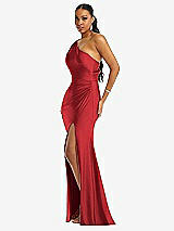 Side View Thumbnail - Poppy Red One-Shoulder Asymmetrical Cowl Back Stretch Satin Mermaid Dress