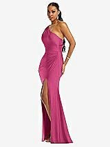 Side View Thumbnail - Tea Rose One-Shoulder Asymmetrical Cowl Back Stretch Satin Mermaid Dress