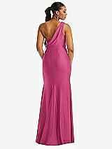 Rear View Thumbnail - Tea Rose One-Shoulder Asymmetrical Cowl Back Stretch Satin Mermaid Dress