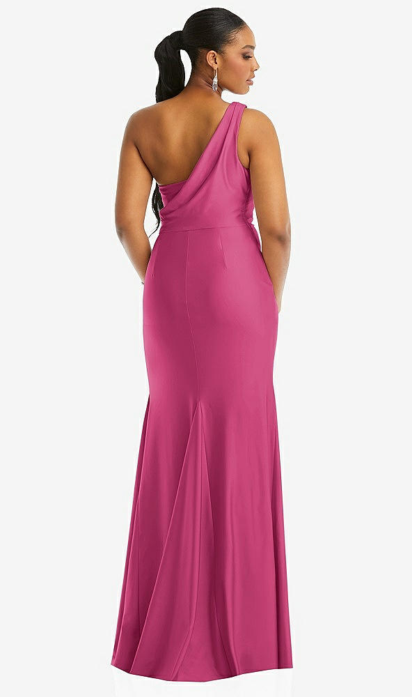 Back View - Tea Rose One-Shoulder Asymmetrical Cowl Back Stretch Satin Mermaid Dress