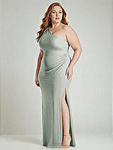 Alt View 2 Thumbnail - Willow Green One-Shoulder Asymmetrical Cowl Back Stretch Satin Mermaid Dress