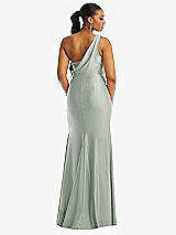 Rear View Thumbnail - Willow Green One-Shoulder Asymmetrical Cowl Back Stretch Satin Mermaid Dress