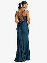 Rear View Thumbnail - Atlantic Blue Cowl-Neck Open Tie-Back Stretch Satin Mermaid Dress with Slight Train